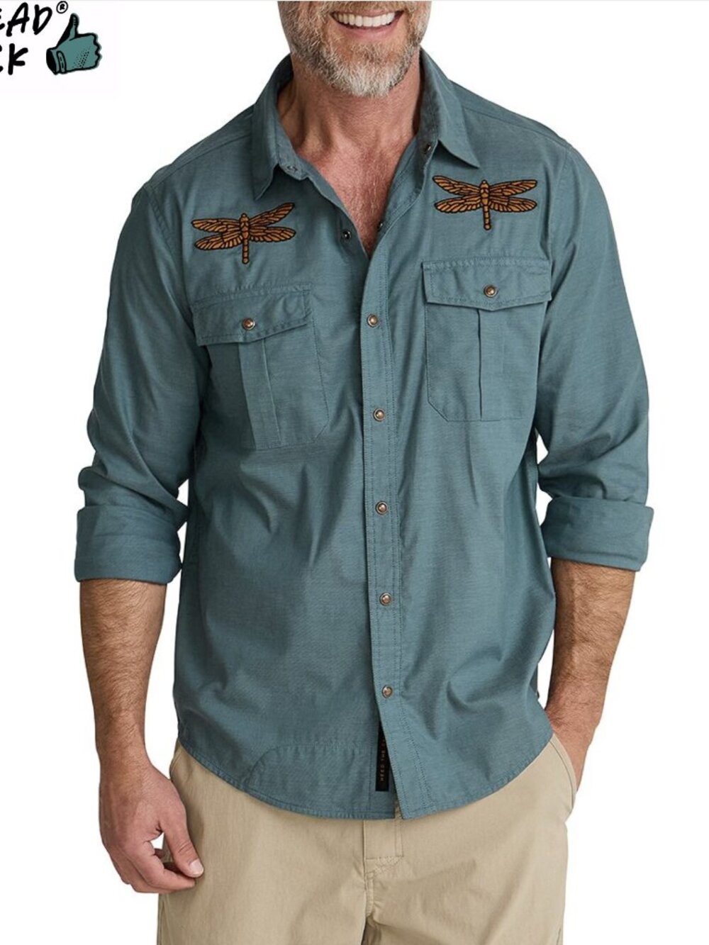 Howler Brothers Teal Button-Down Shirt with Dragonfly Embroidery